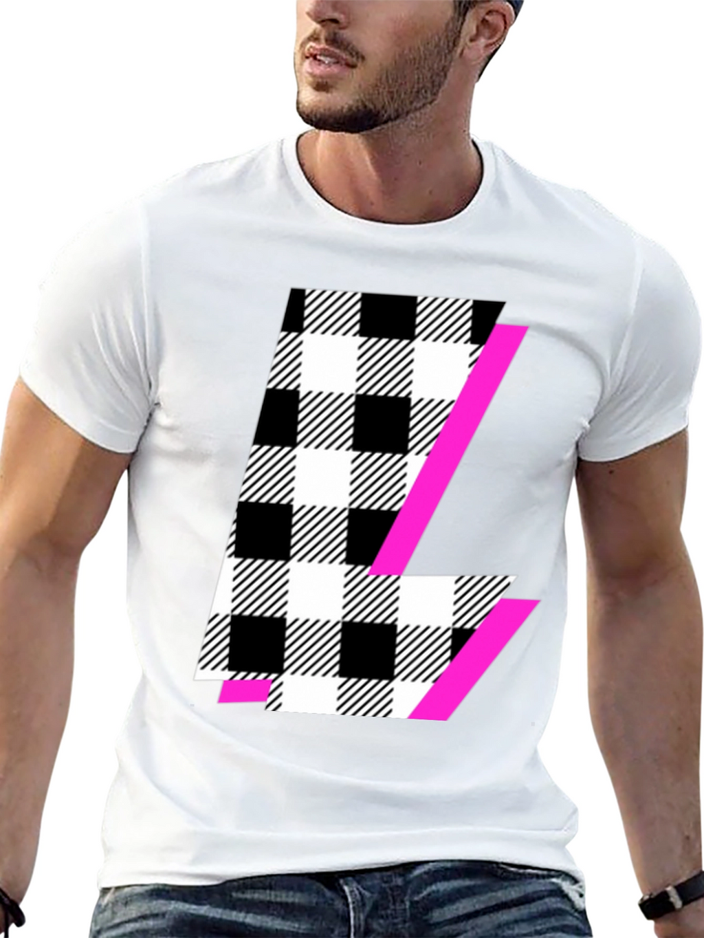 Black Graphic Tee with Plaid & Pink Accent