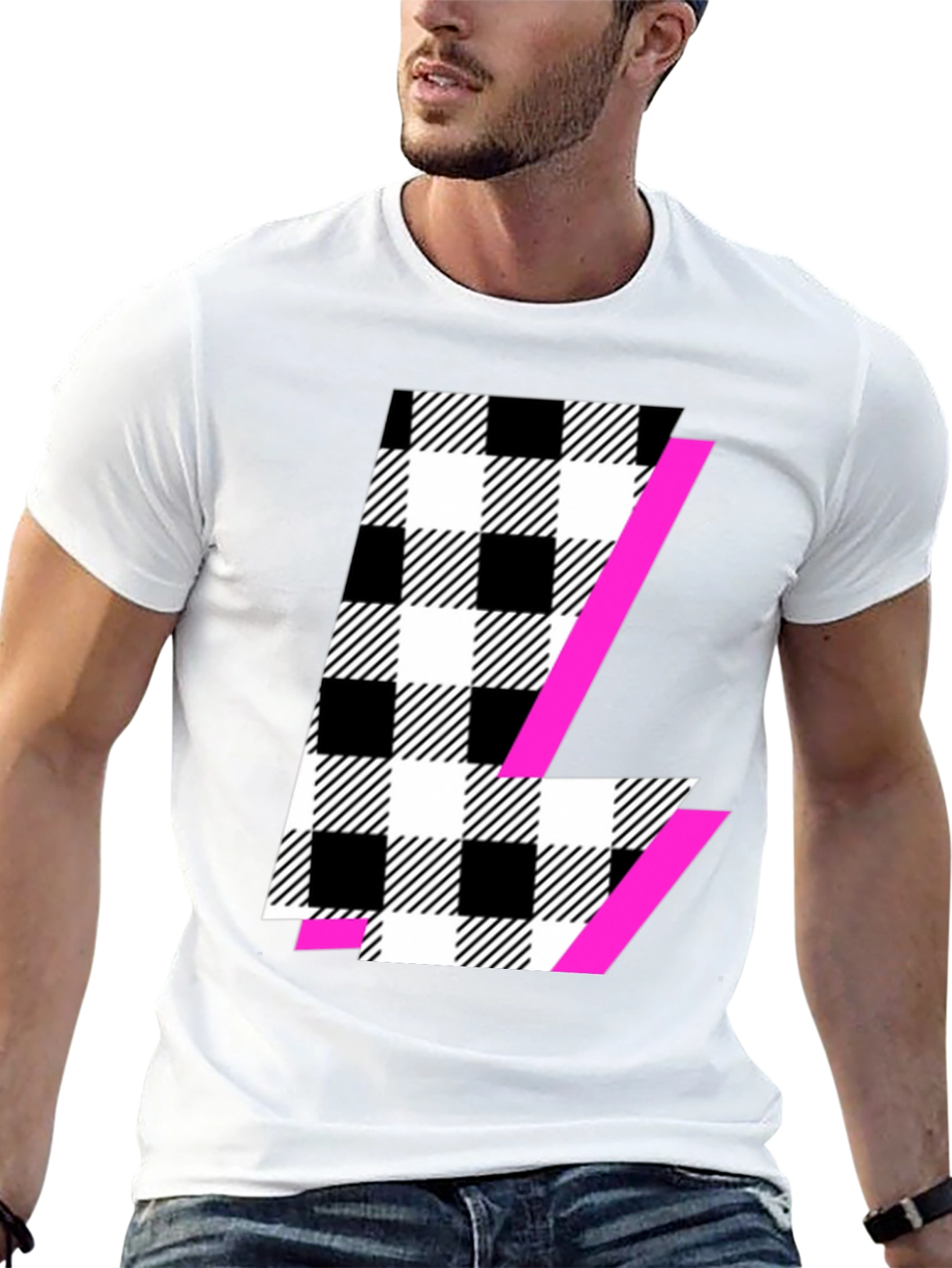 Black Graphic Tee with Plaid & Pink Accent