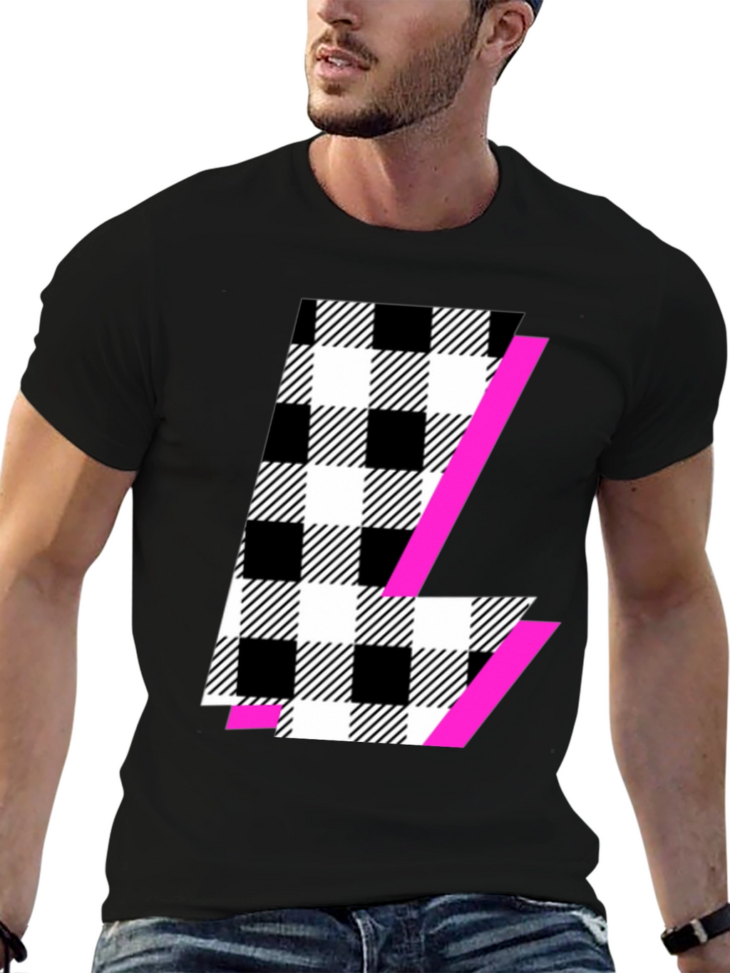Black Graphic Tee with Plaid & Pink Accent