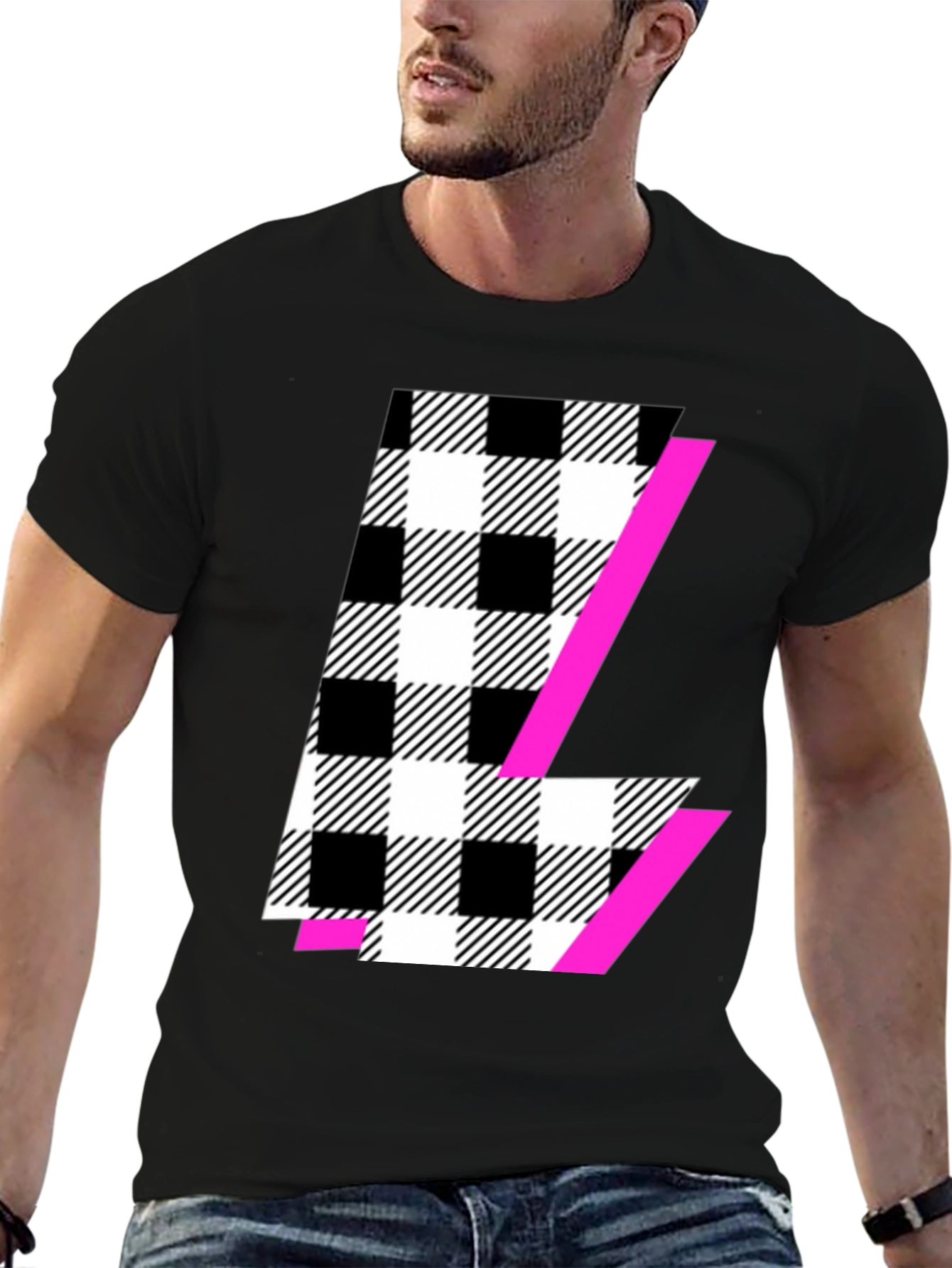 Black Graphic Tee with Plaid & Pink Accent