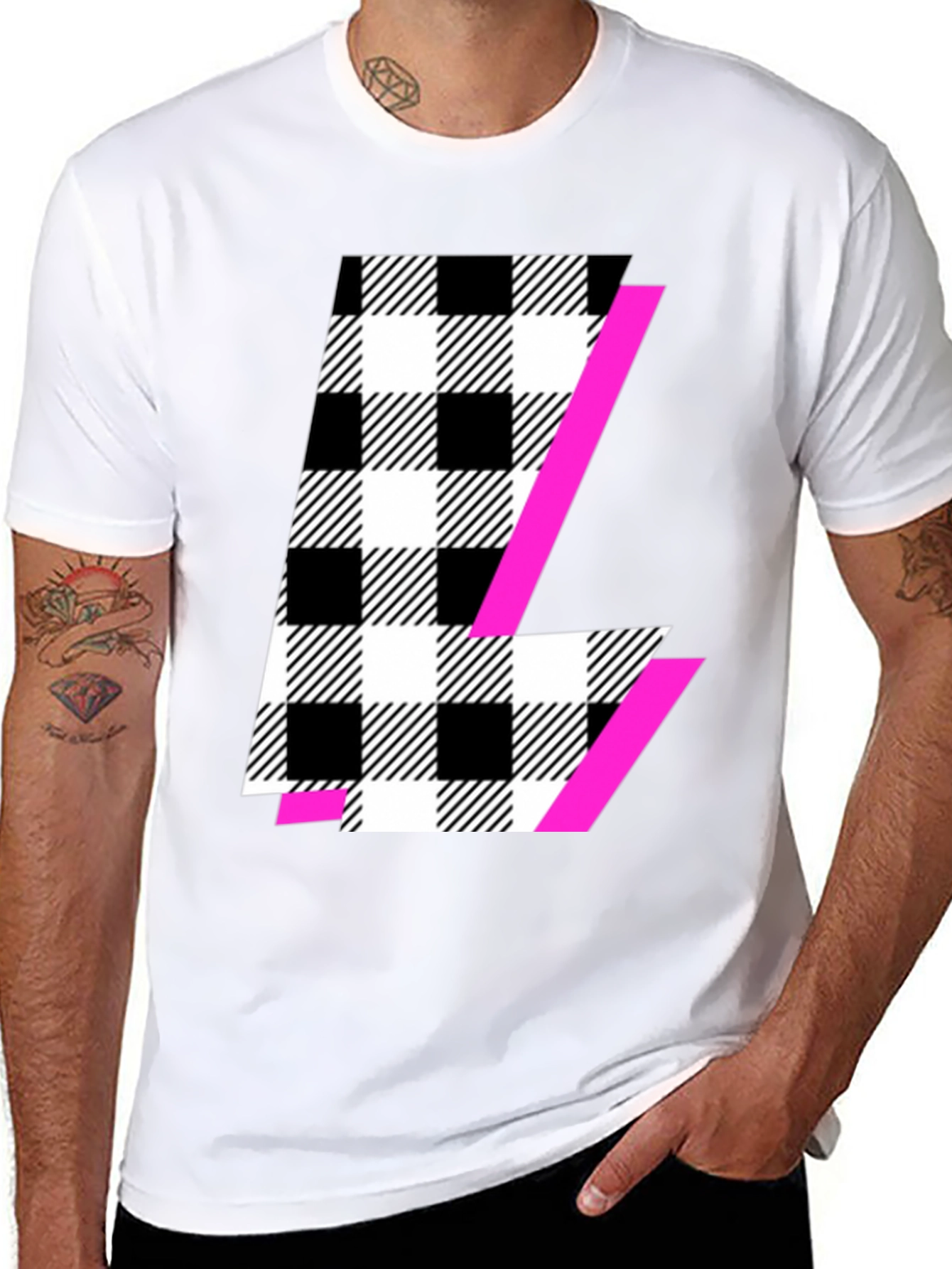 Black Graphic Tee with Plaid & Pink Accent