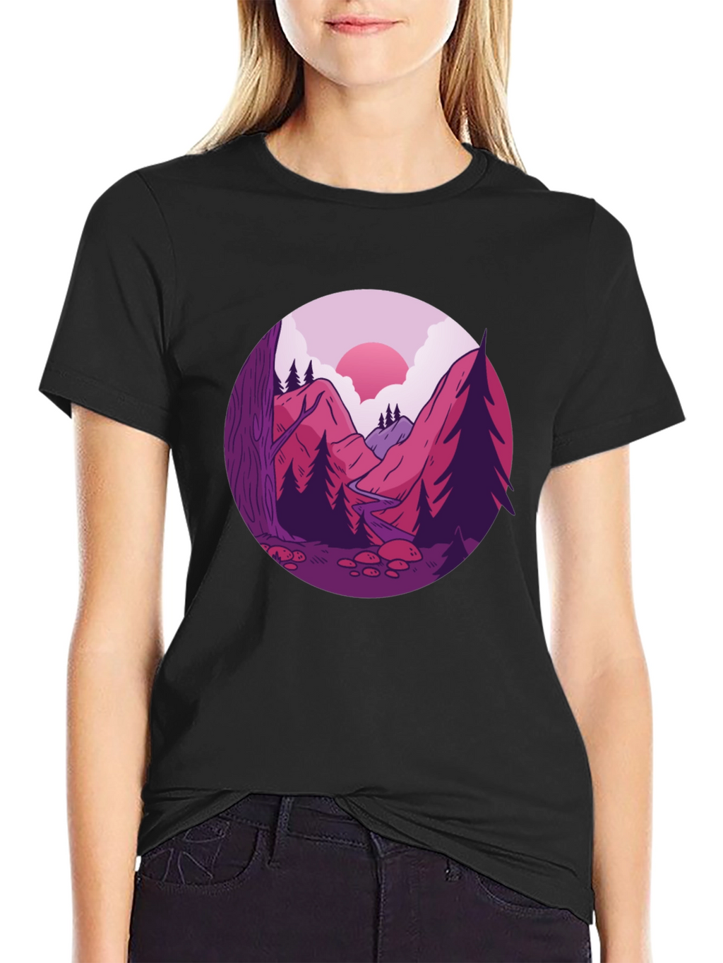 Mountain Landscape Graphic Tee - Black Cotton Blend