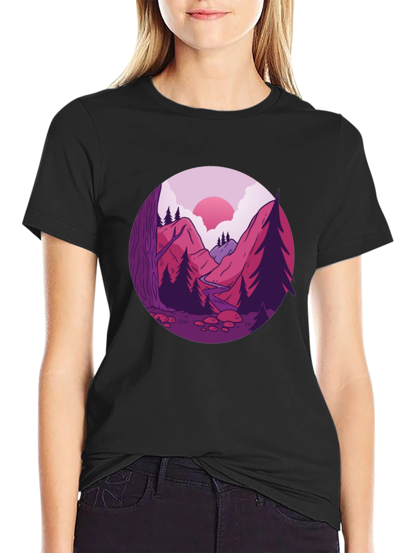 Mountain Landscape Graphic Tee - Black Cotton Blend