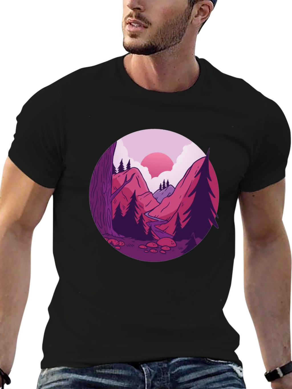 Mountain Landscape Graphic Tee - Black Cotton Blend