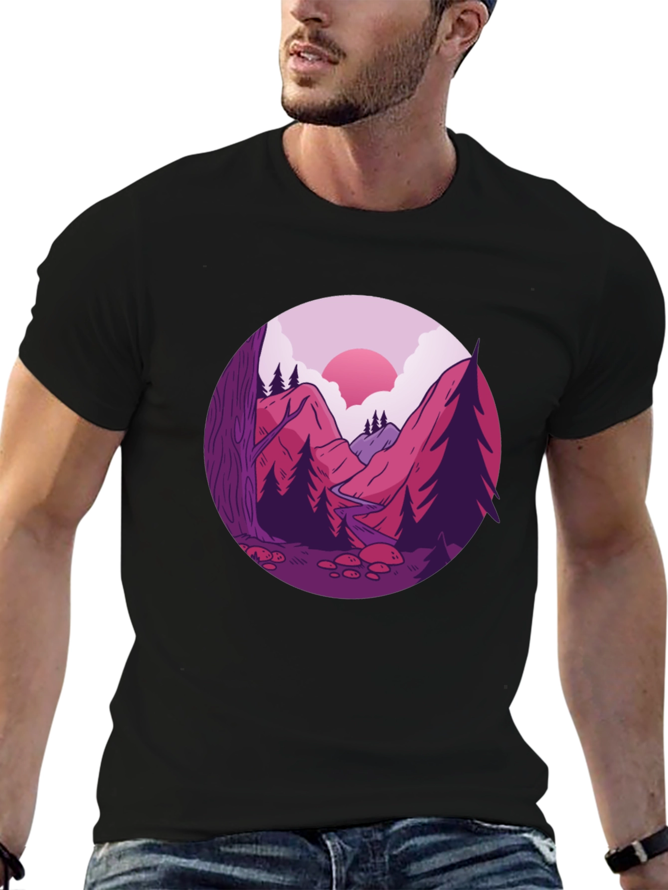 Mountain Landscape Graphic Tee - Black Cotton Blend