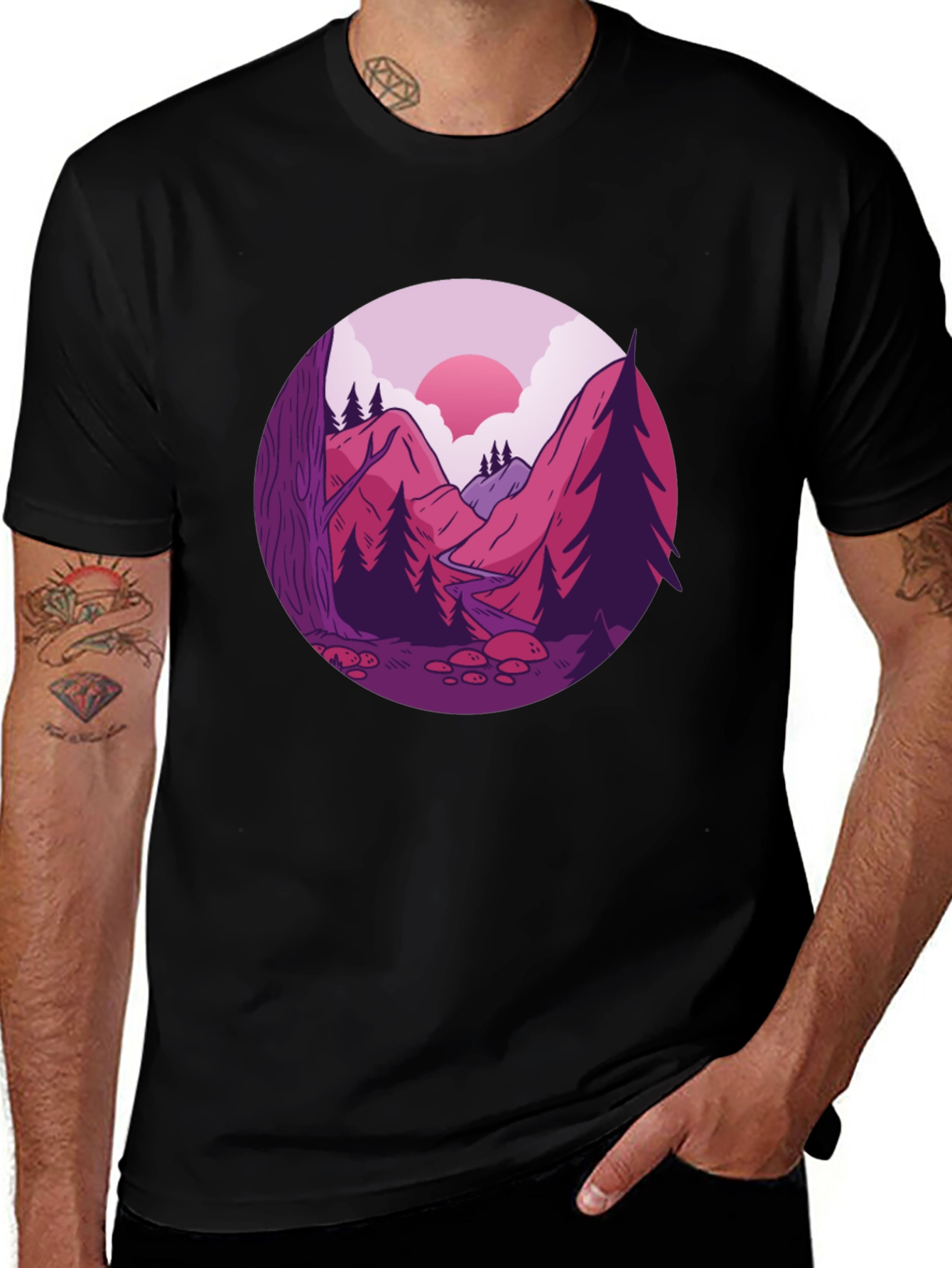 Mountain Landscape Graphic Tee - Black Cotton Blend