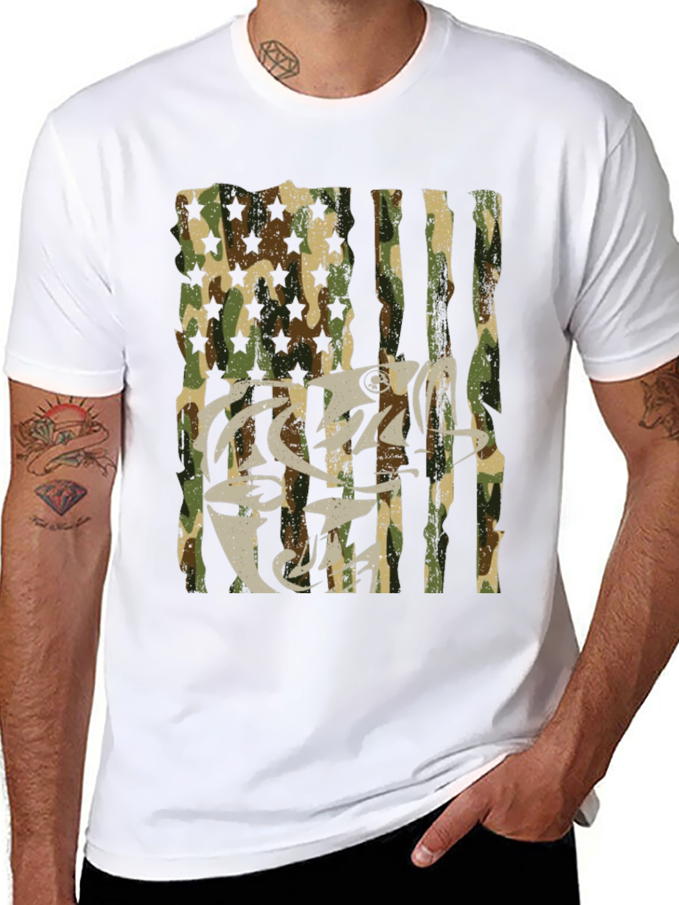 Camo USA Flag Fish Graphic T-Shirt