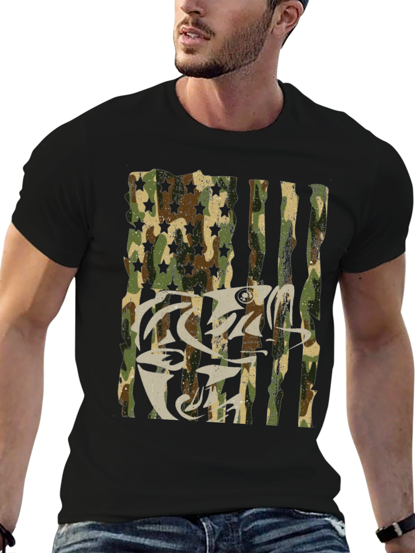 Camo USA Flag Fish Graphic T-Shirt
