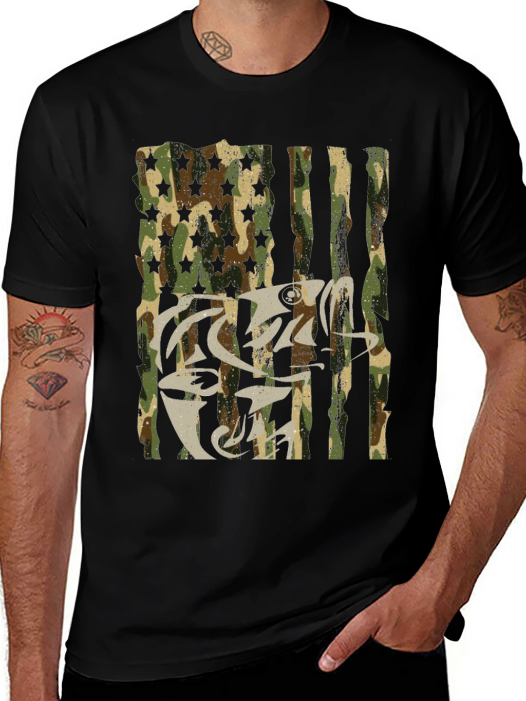 Camo USA Flag Fish Graphic T-Shirt