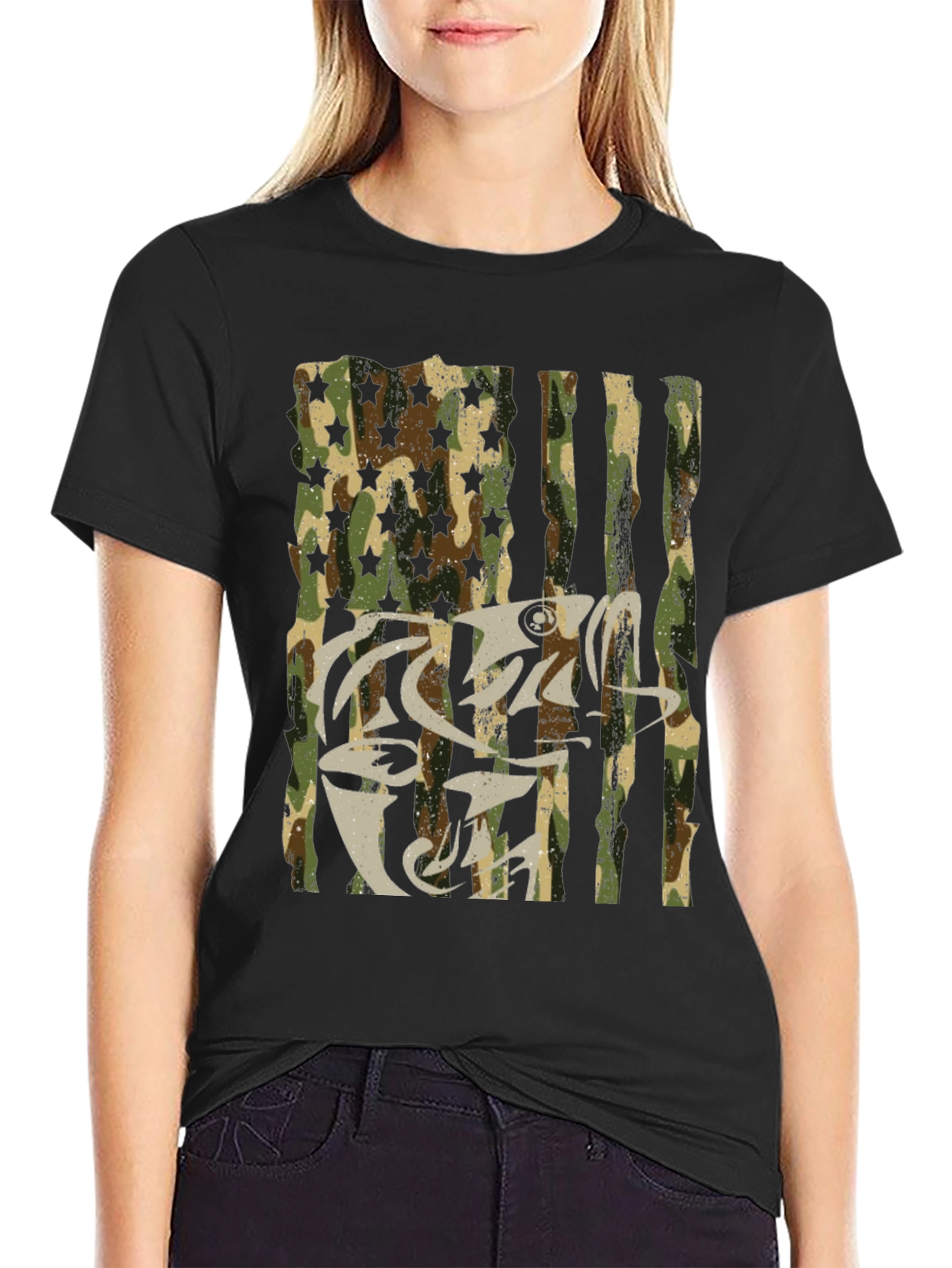 Camo USA Flag Fish Graphic T-Shirt