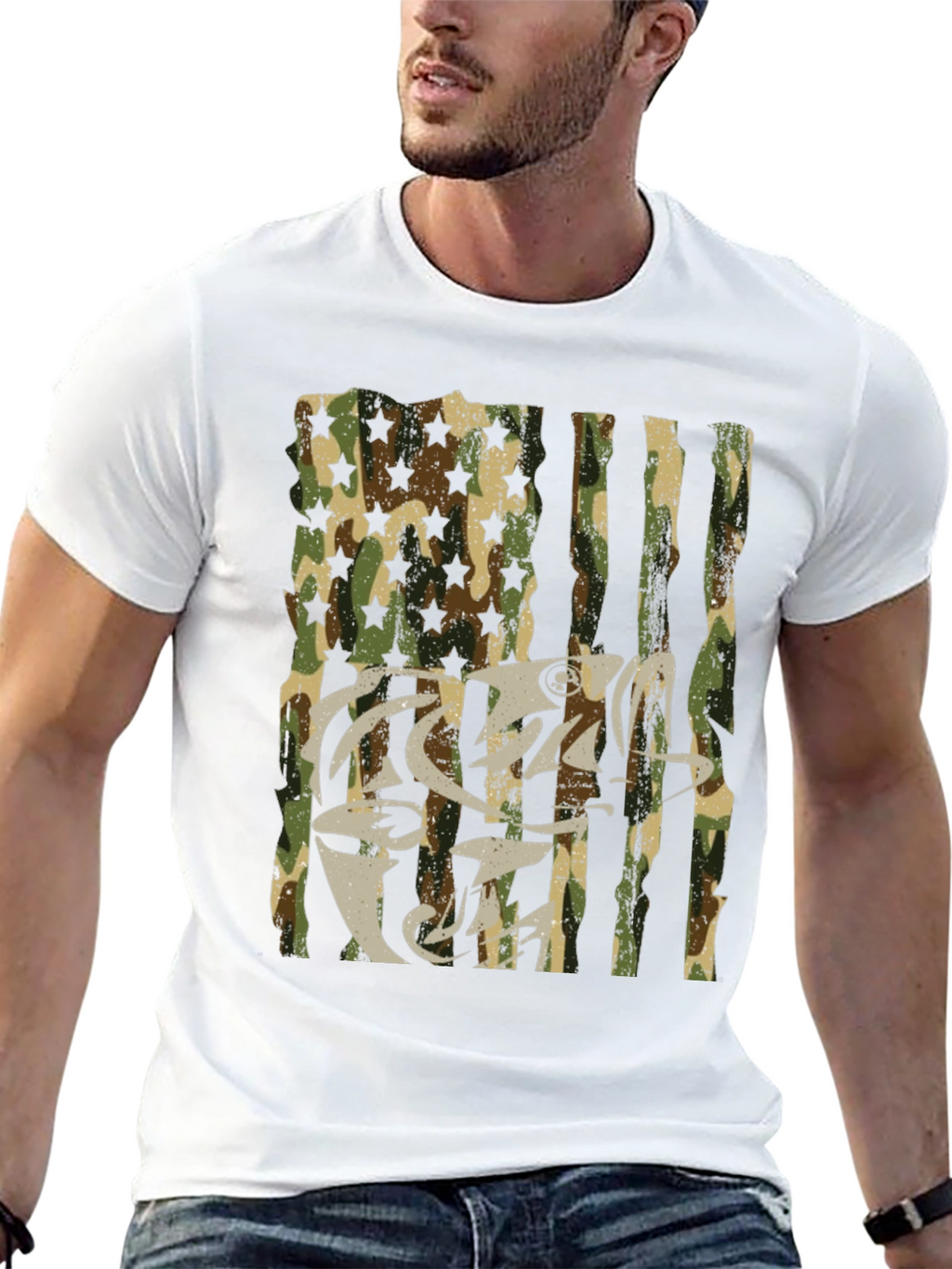 Camo USA Flag Fish Graphic T-Shirt