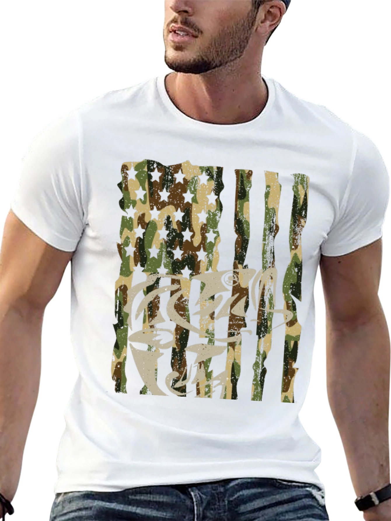 Camo USA Flag Fish Graphic T-Shirt