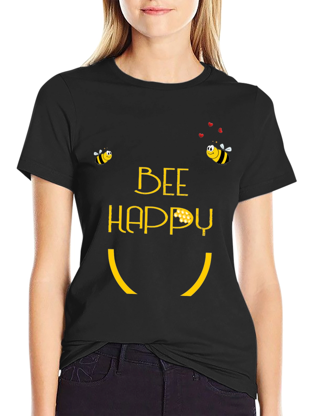 Bee Happy Graphic T-Shirt - Black Cotton Blend