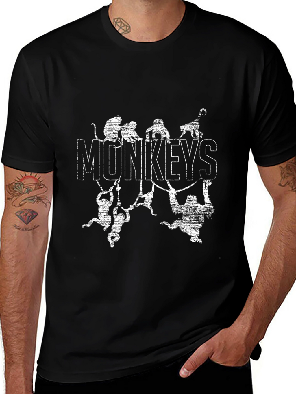 Monkeys Graphic Tee - Distressed Print Black T-Shirt