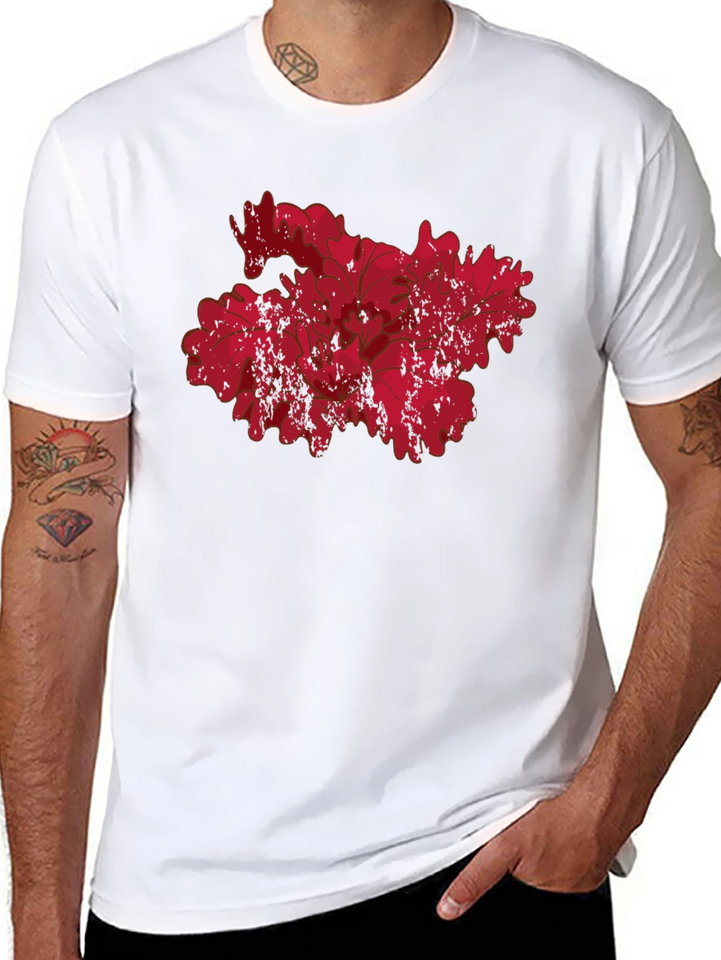 Red Floral Grunge Graphic Black T-Shirt