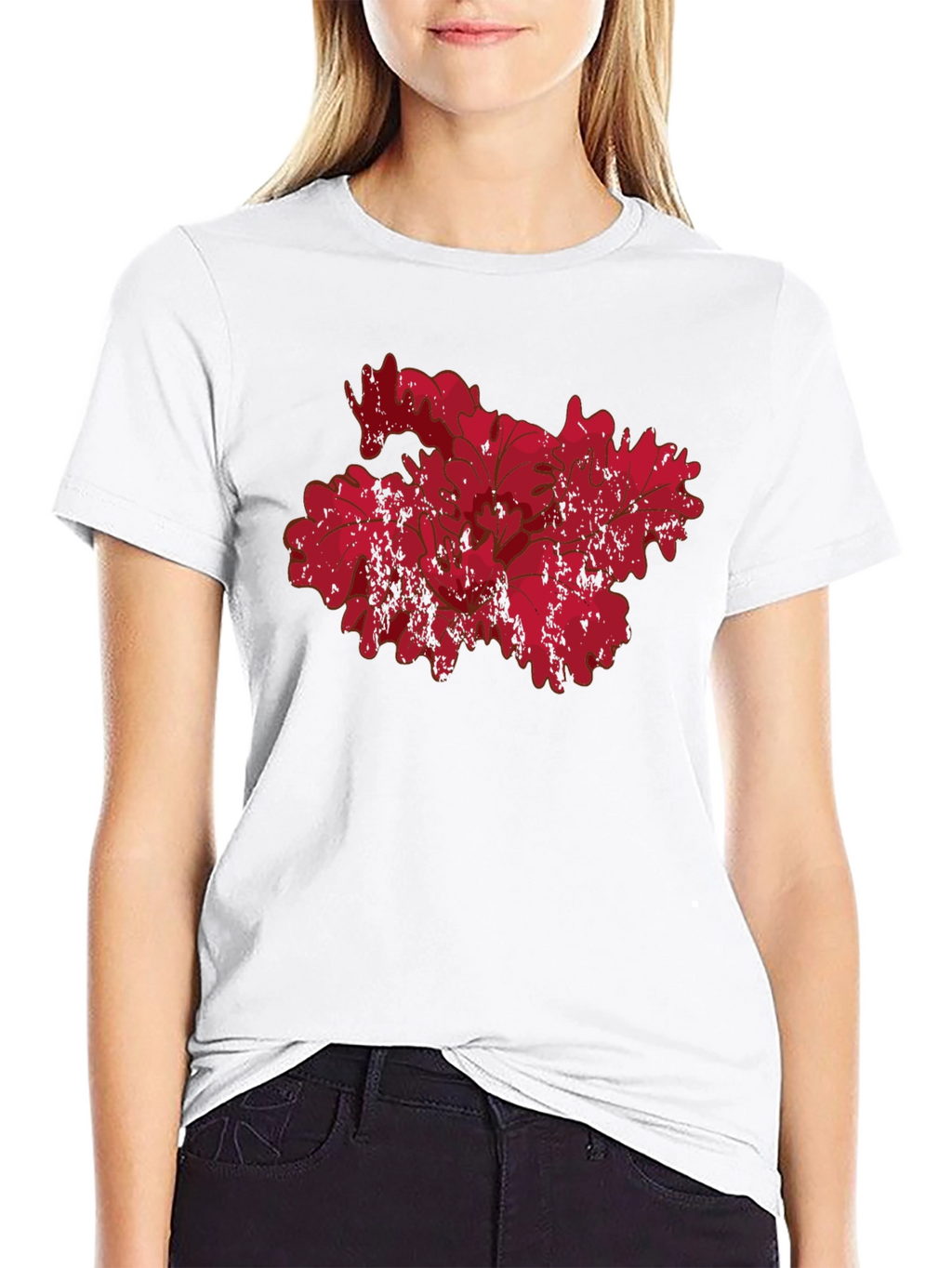 Red Floral Grunge Graphic Black T-Shirt