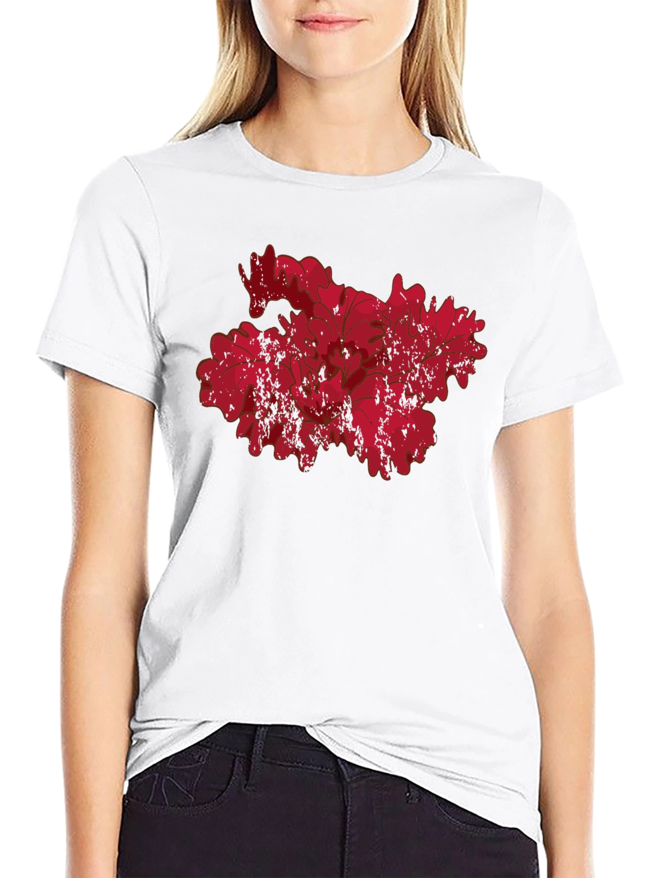 Red Floral Grunge Graphic Black T-Shirt