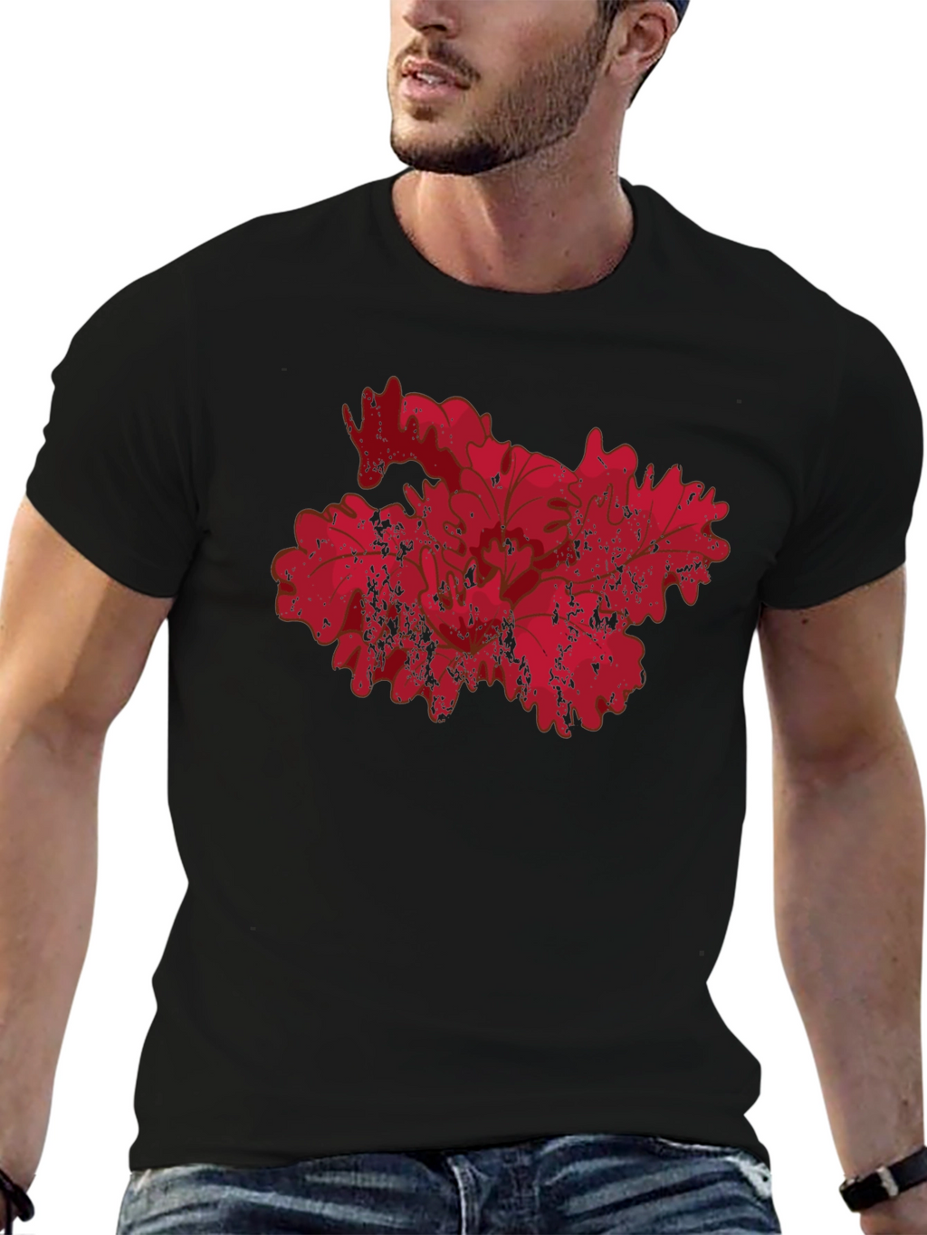 Red Floral Grunge Graphic Black T-Shirt
