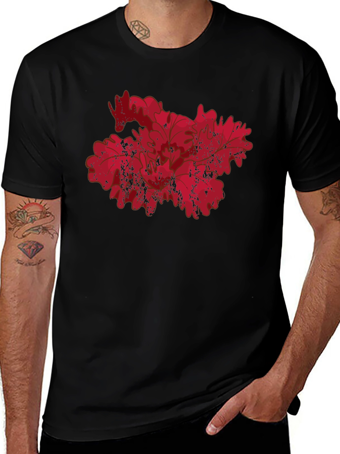 Red Floral Grunge Graphic Black T-Shirt
