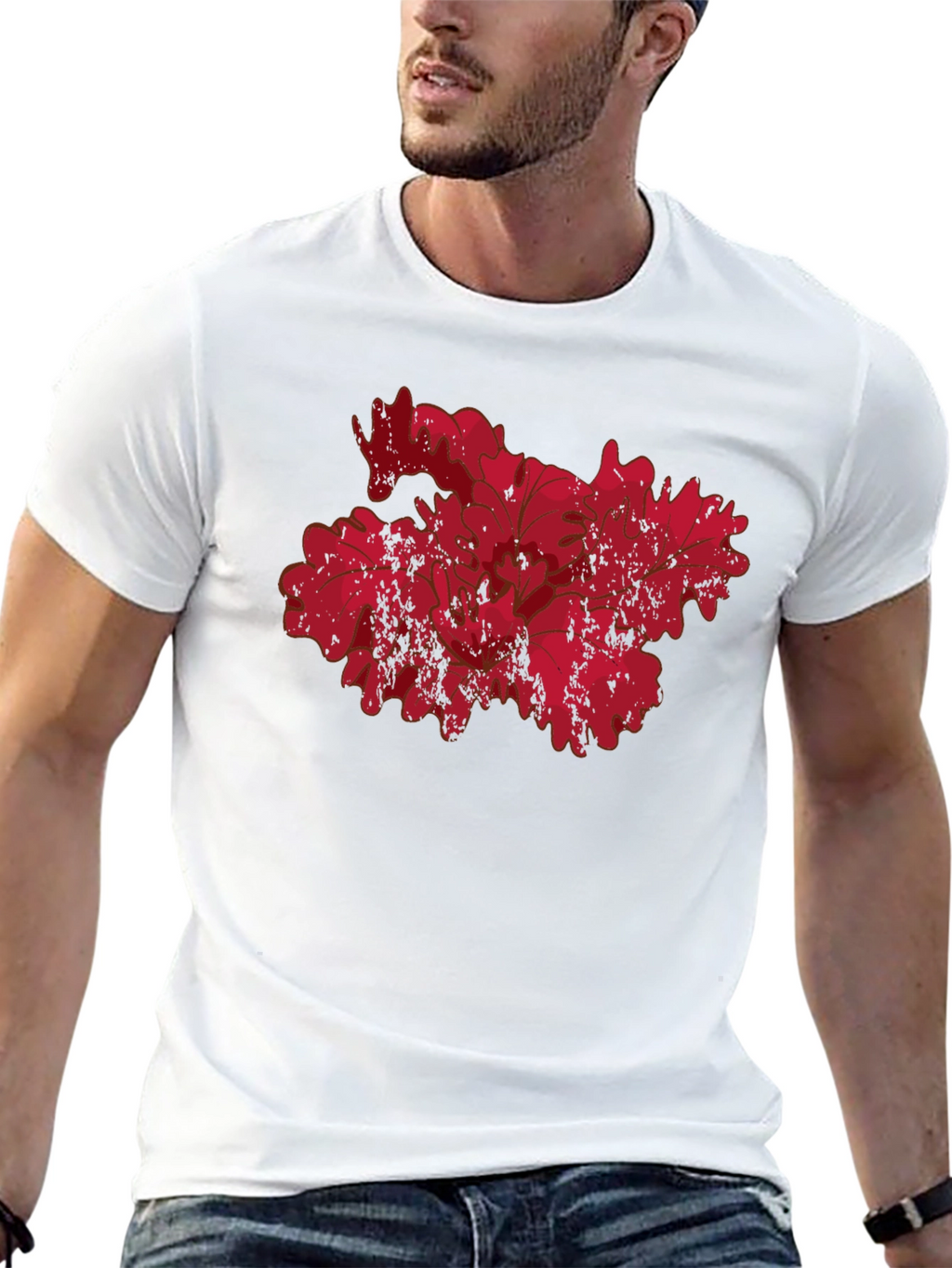Red Floral Grunge Graphic Black T-Shirt