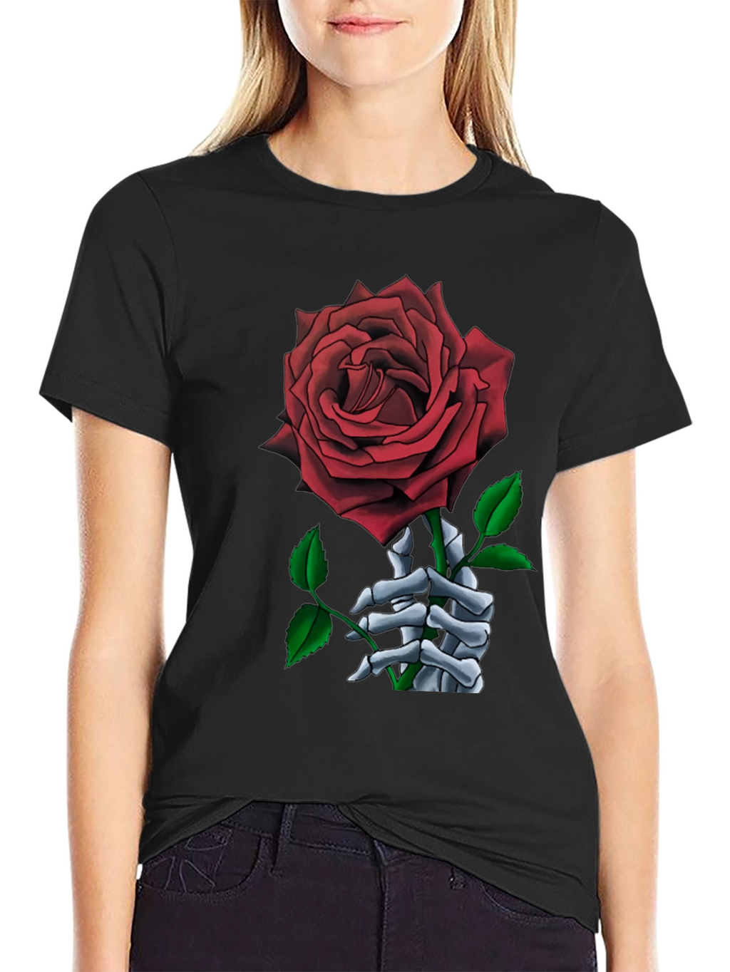 Rose and Skeleton Hand Black T-Shirt
