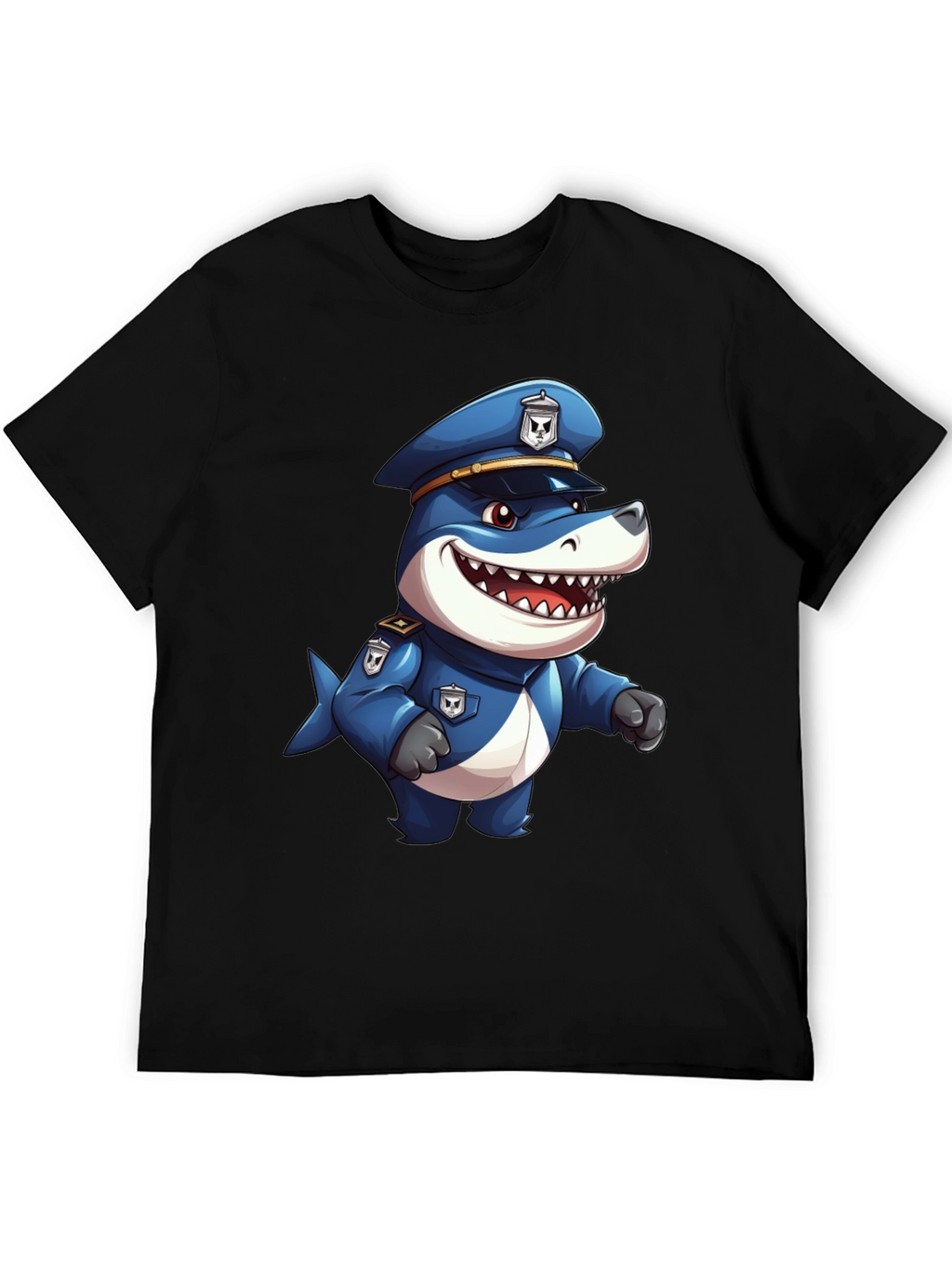 Cartoon Police Shark T-Shirt - Black Cotton Blend