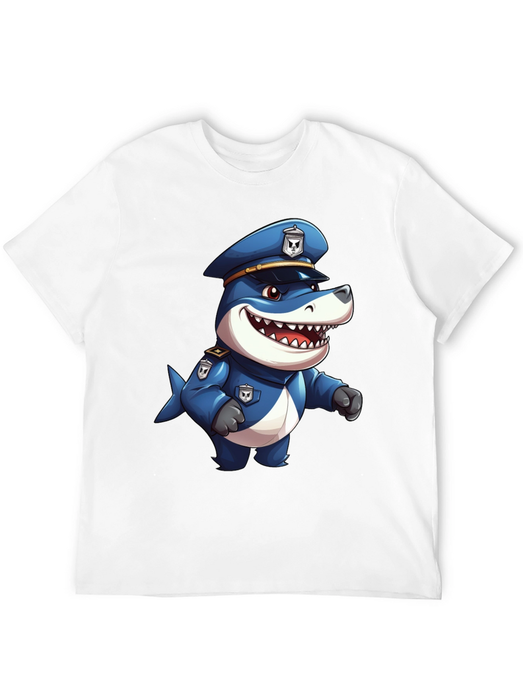 Cartoon Police Shark T-Shirt - Black Cotton Blend