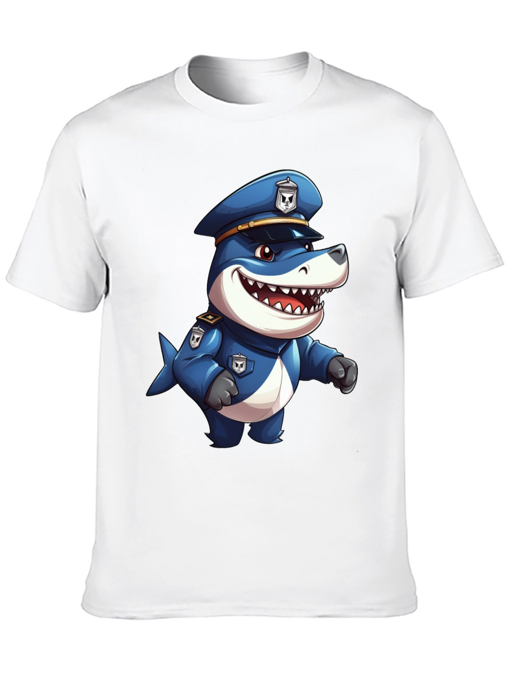 Cartoon Police Shark T-Shirt - Black Cotton Blend