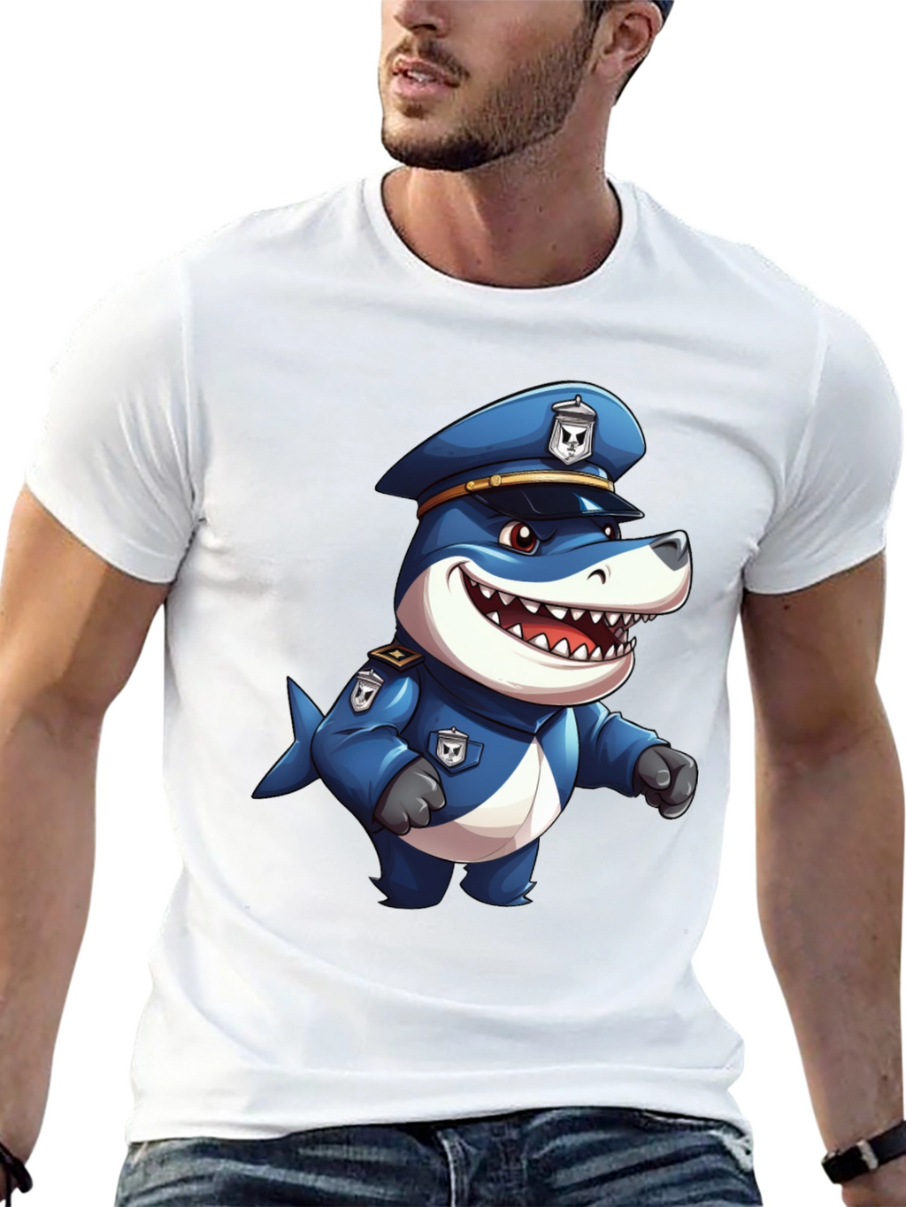 Cartoon Police Shark T-Shirt - Black Cotton Blend