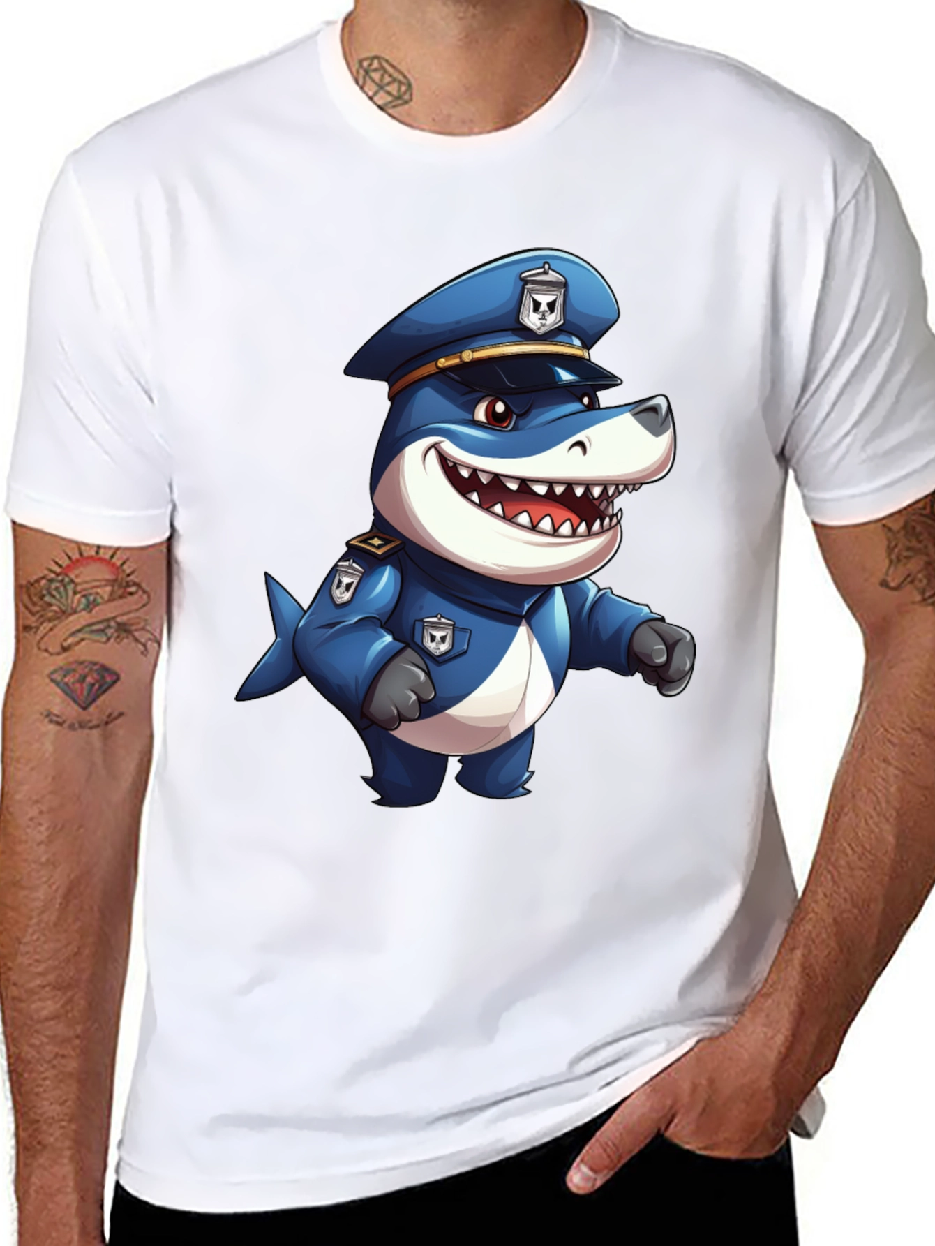 Cartoon Police Shark T-Shirt - Black Cotton Blend