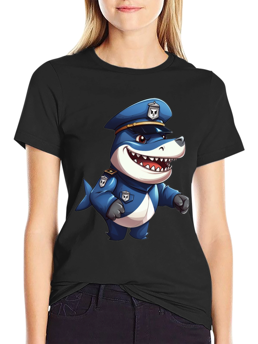 Cartoon Police Shark T-Shirt - Black Cotton Blend