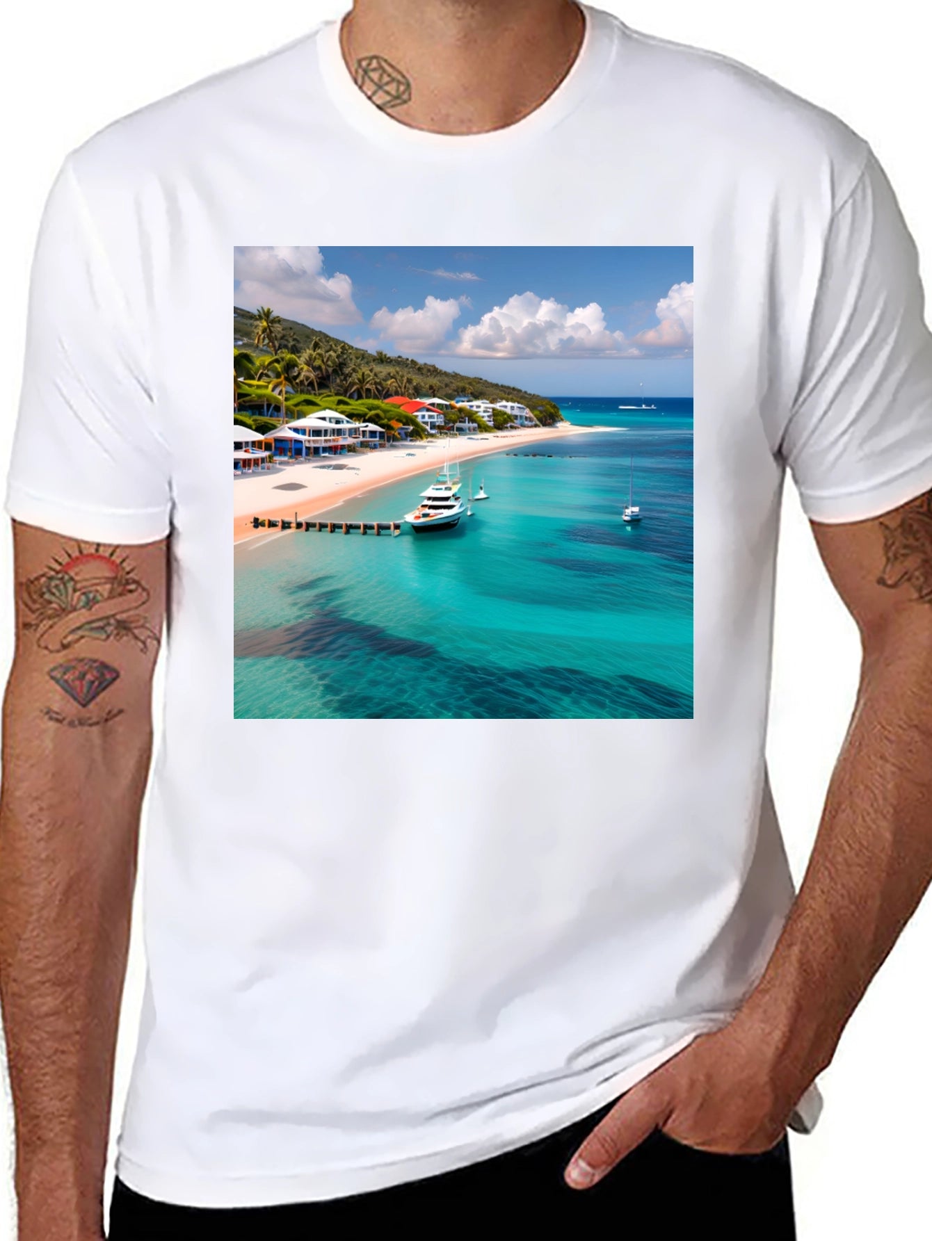 Tropical Beach Print Black T-Shirt
