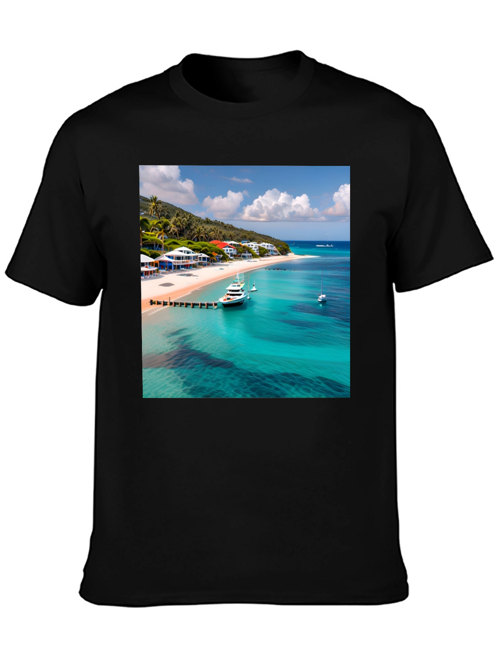 Tropical Beach Print Black T-Shirt