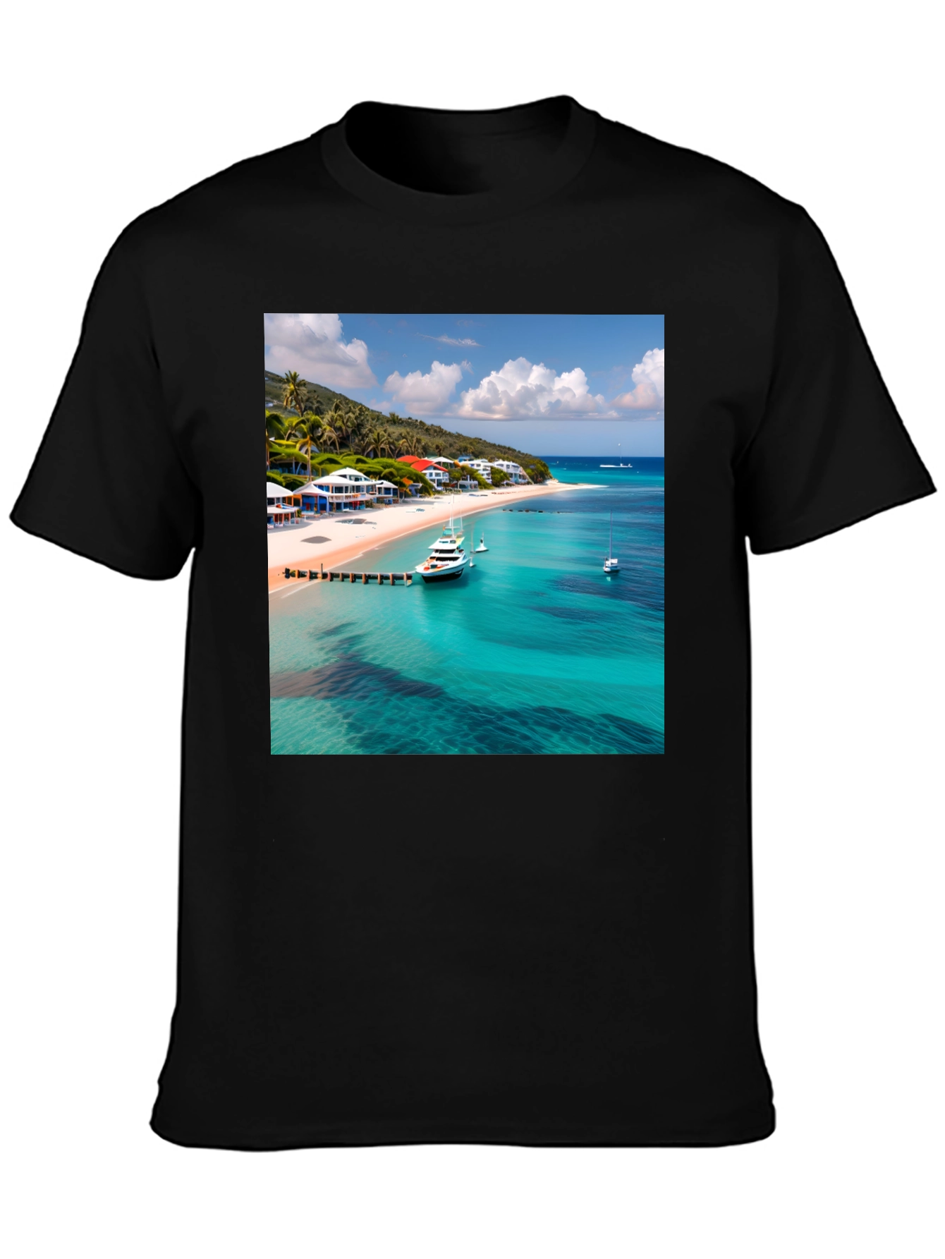 Tropical Beach Print Black T-Shirt
