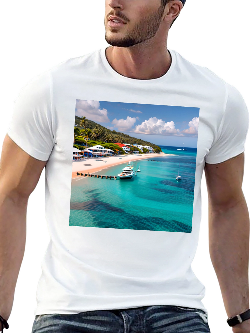 Tropical Beach Print Black T-Shirt