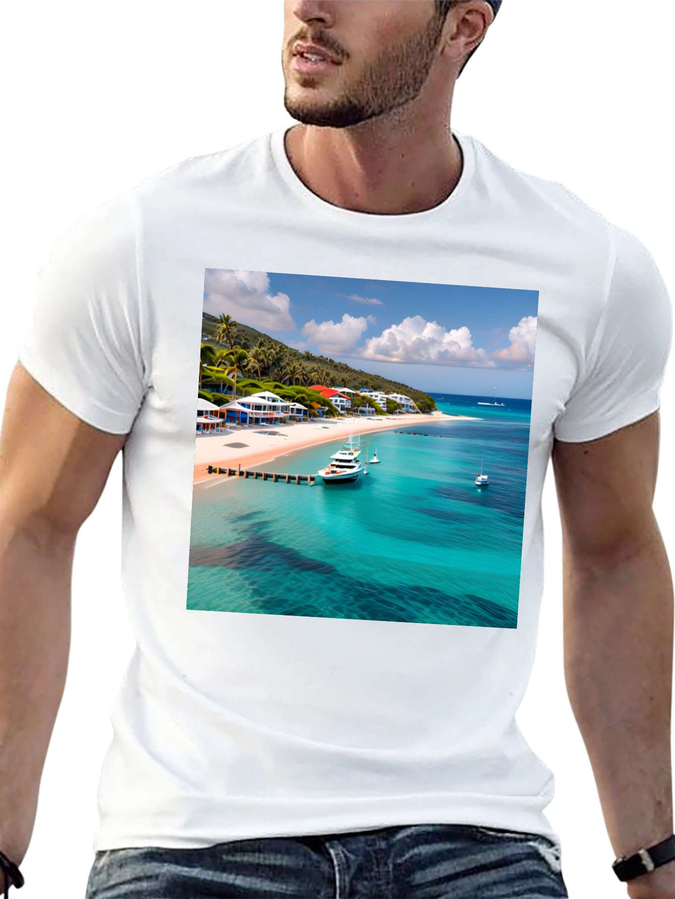 Tropical Beach Print Black T-Shirt