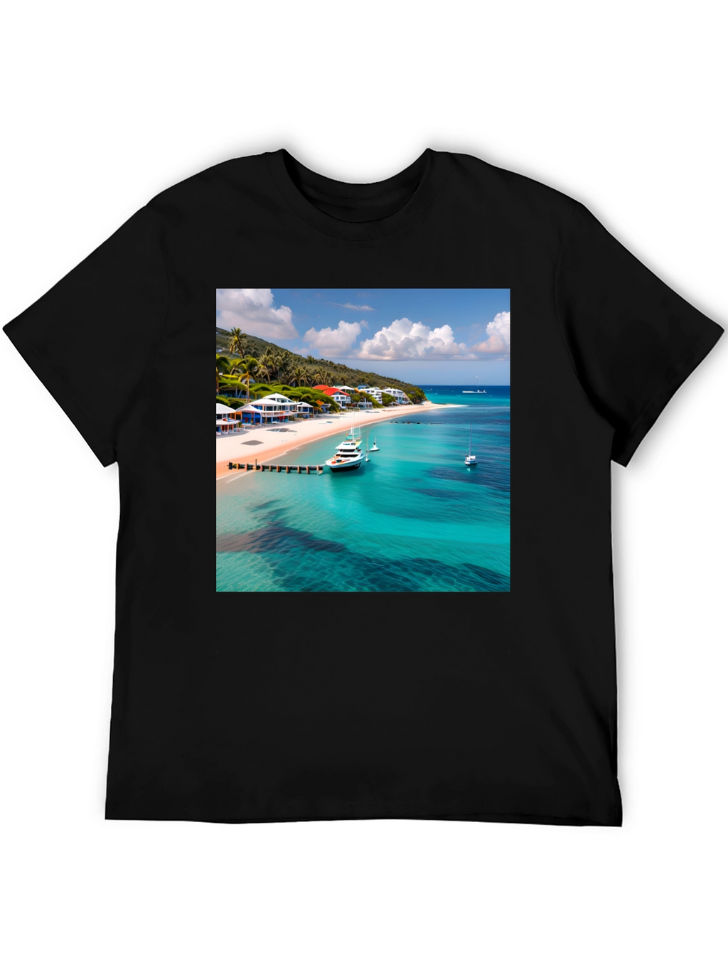 Tropical Beach Print Black T-Shirt