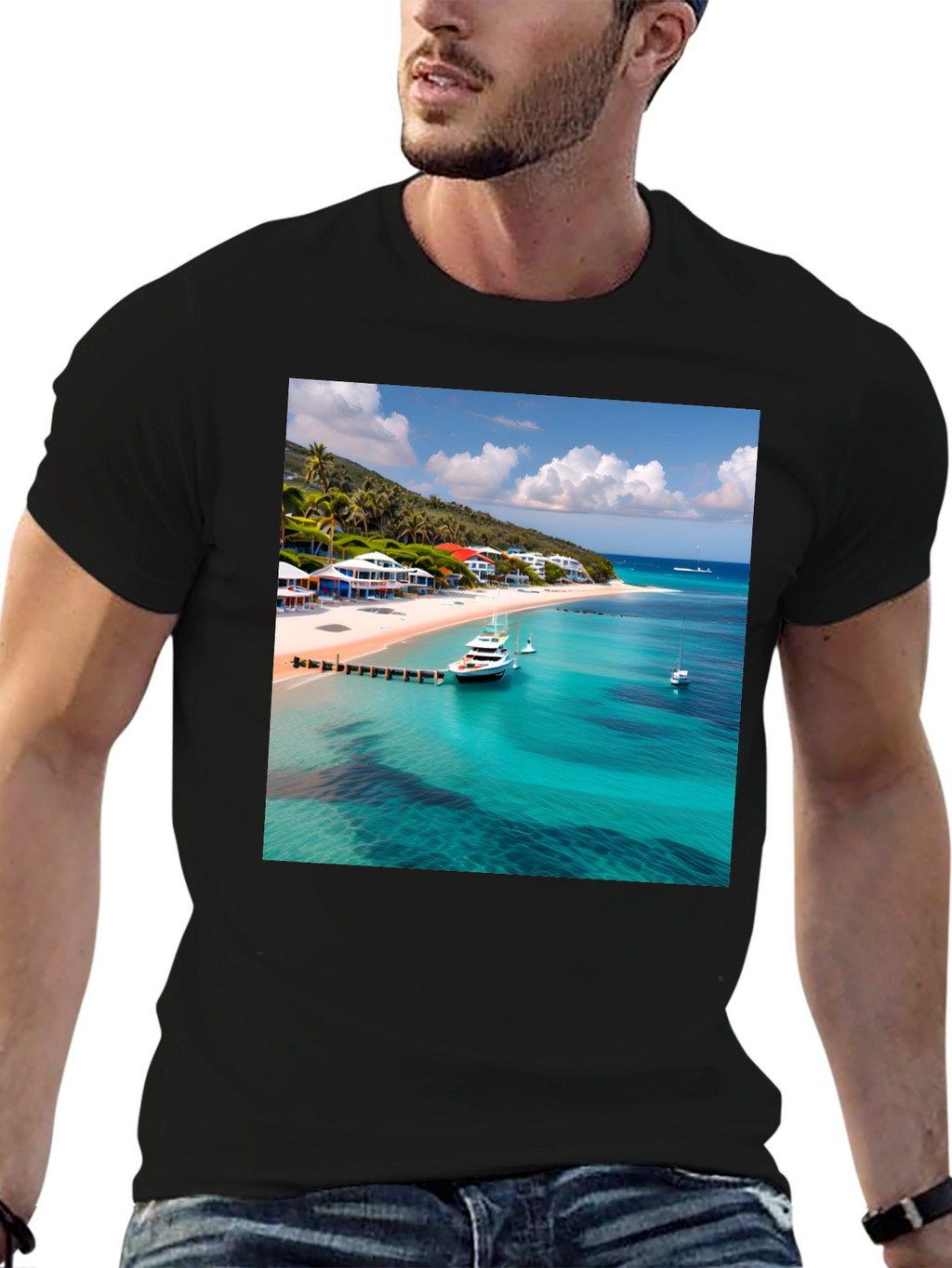 Tropical Beach Print Black T-Shirt