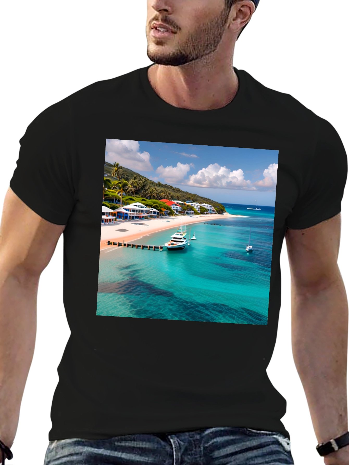 Tropical Beach Print Black T-Shirt