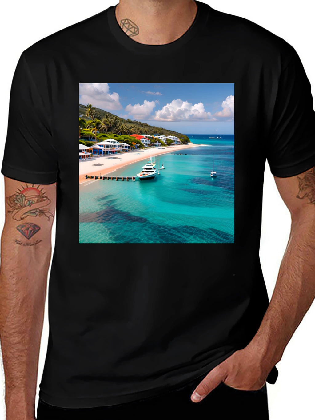 Tropical Beach Print Black T-Shirt