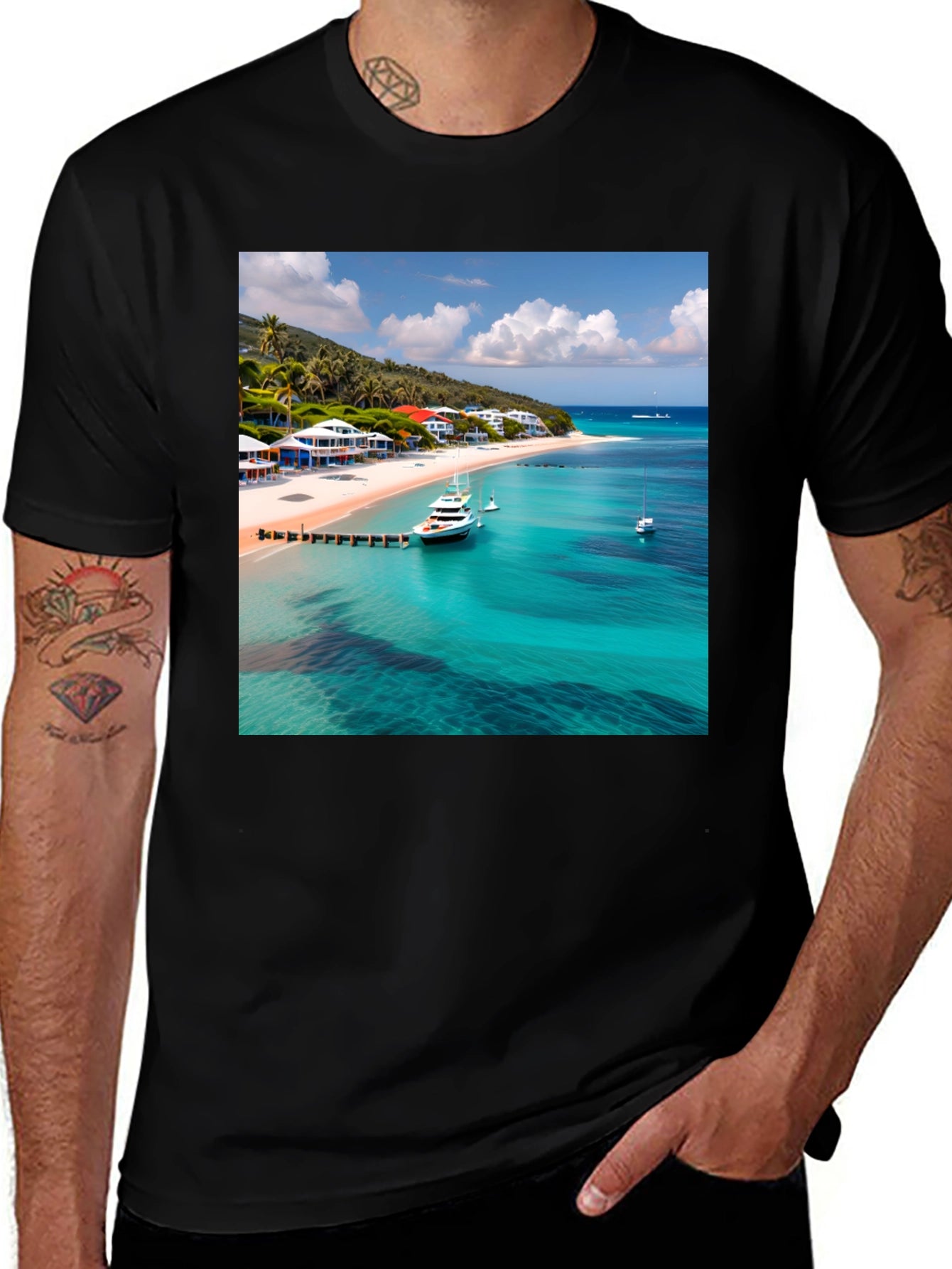 Tropical Beach Print Black T-Shirt