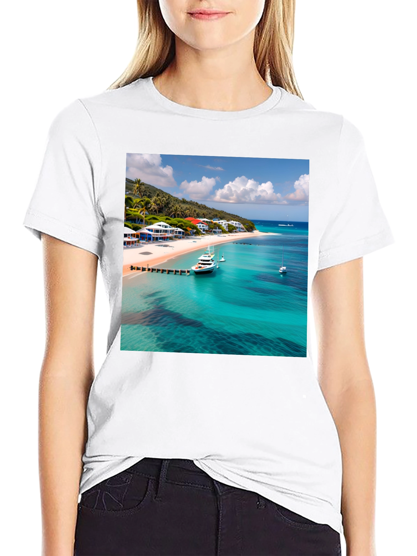 Tropical Beach Print Black T-Shirt
