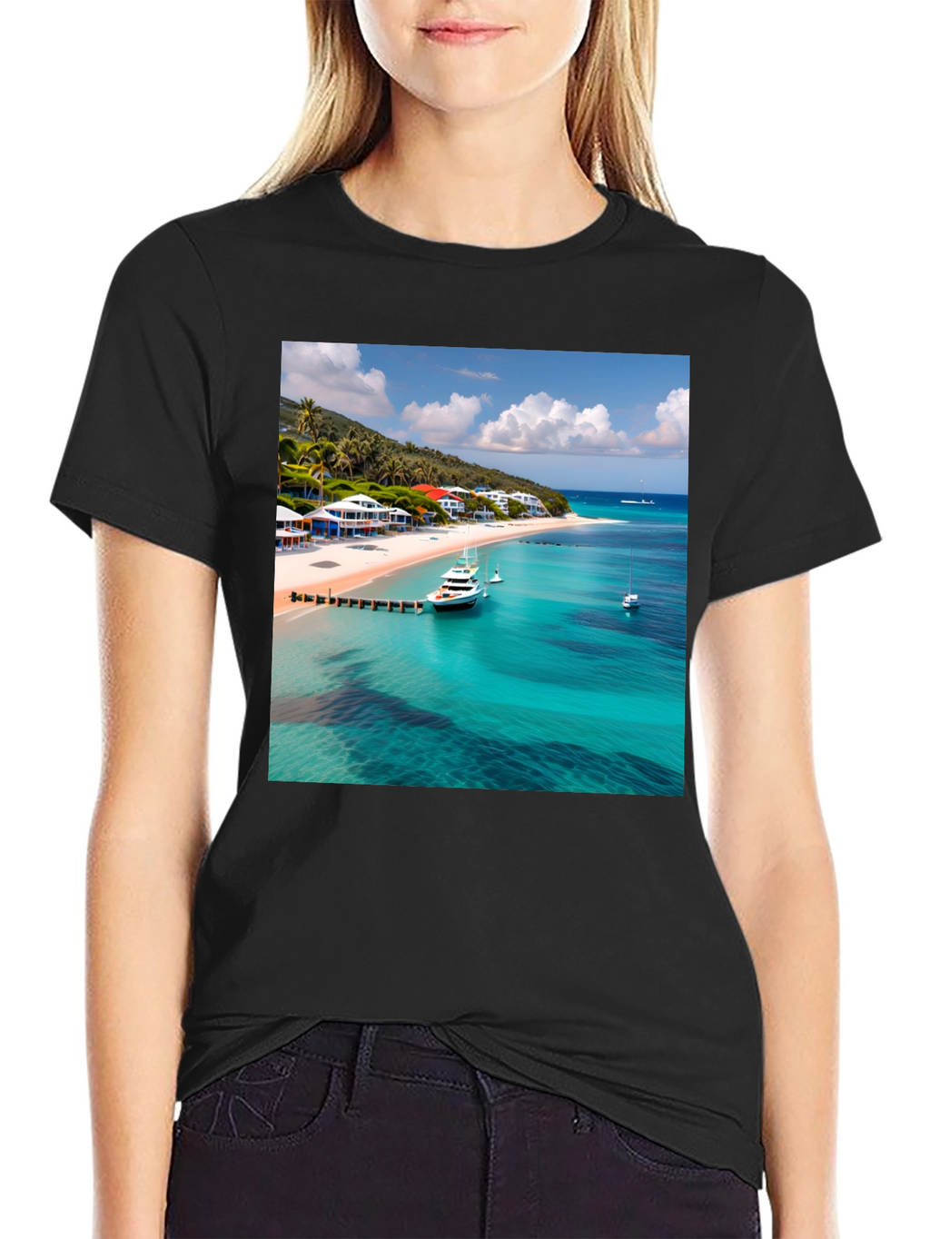 Tropical Beach Print Black T-Shirt