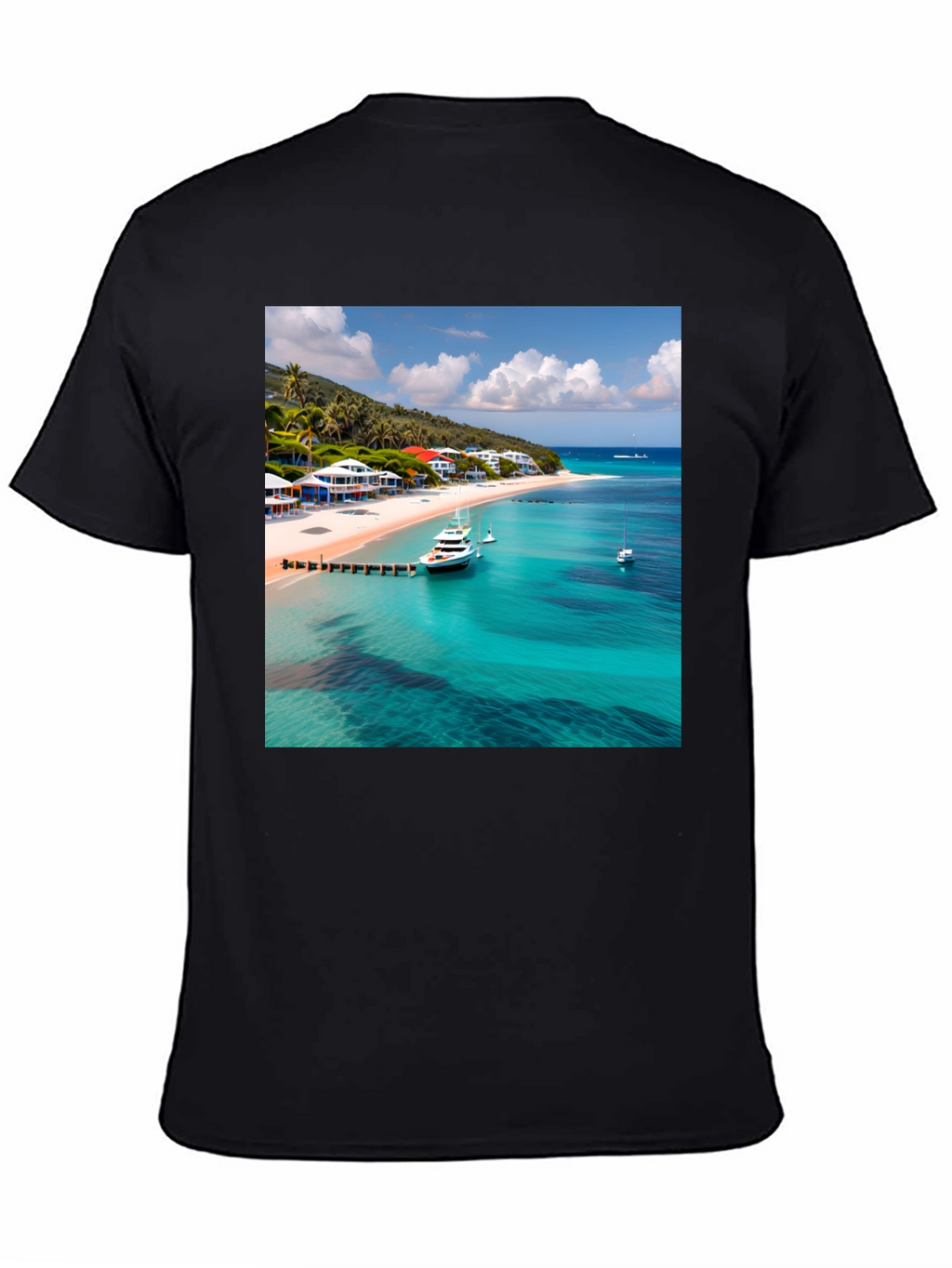 Tropical Beach Print Black T-Shirt