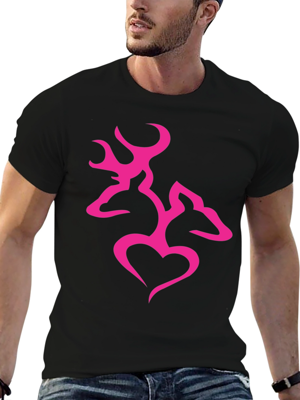 Mens Black T-Shirt with Pink Deer Heart Graphic