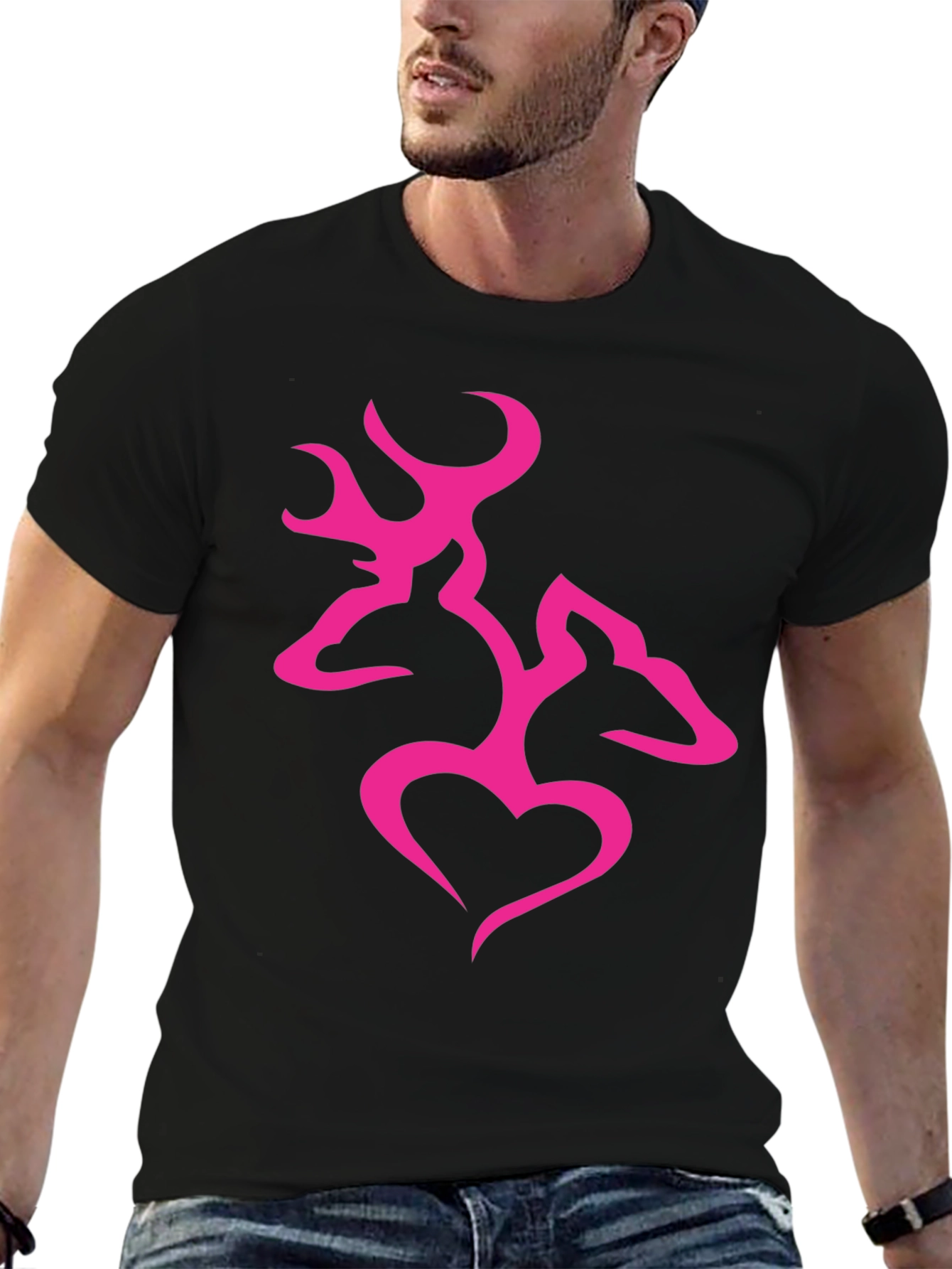 Mens Black T-Shirt with Pink Deer Heart Graphic