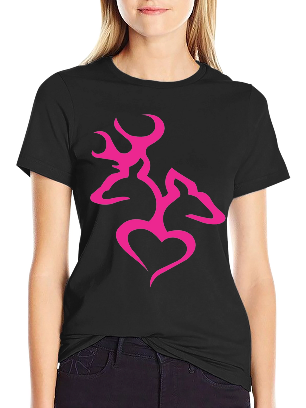 Mens Black T-Shirt with Pink Deer Heart Graphic