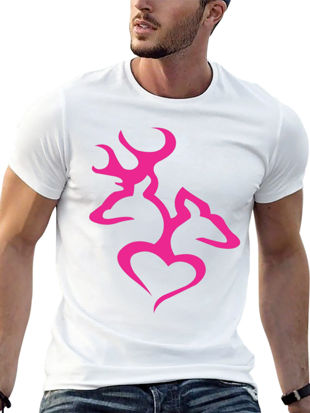 Mens Black T-Shirt with Pink Deer Heart Graphic