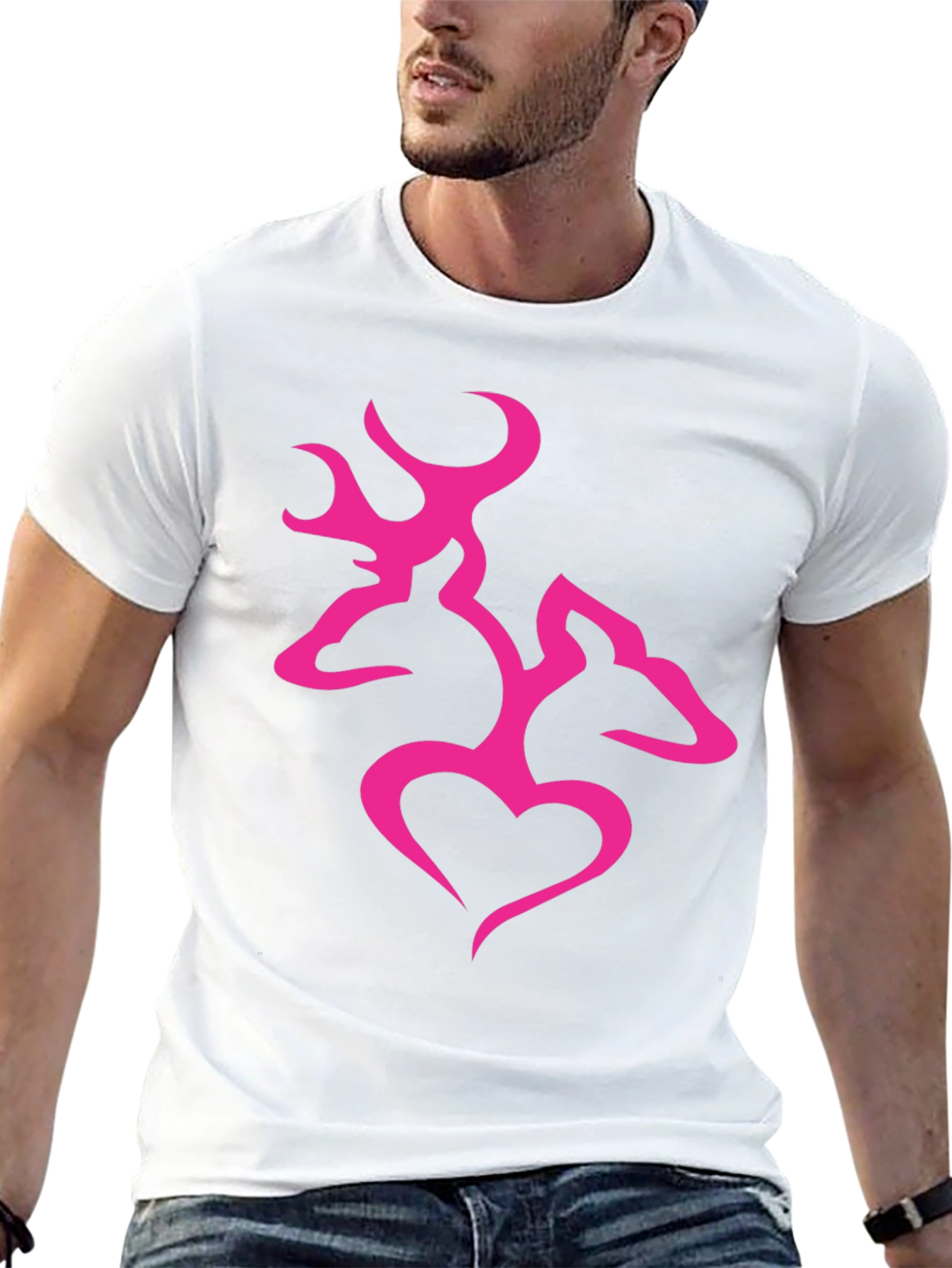 Mens Black T-Shirt with Pink Deer Heart Graphic