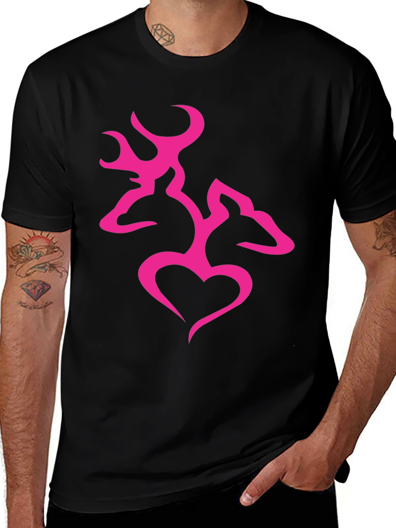 Mens Black T-Shirt with Pink Deer Heart Graphic